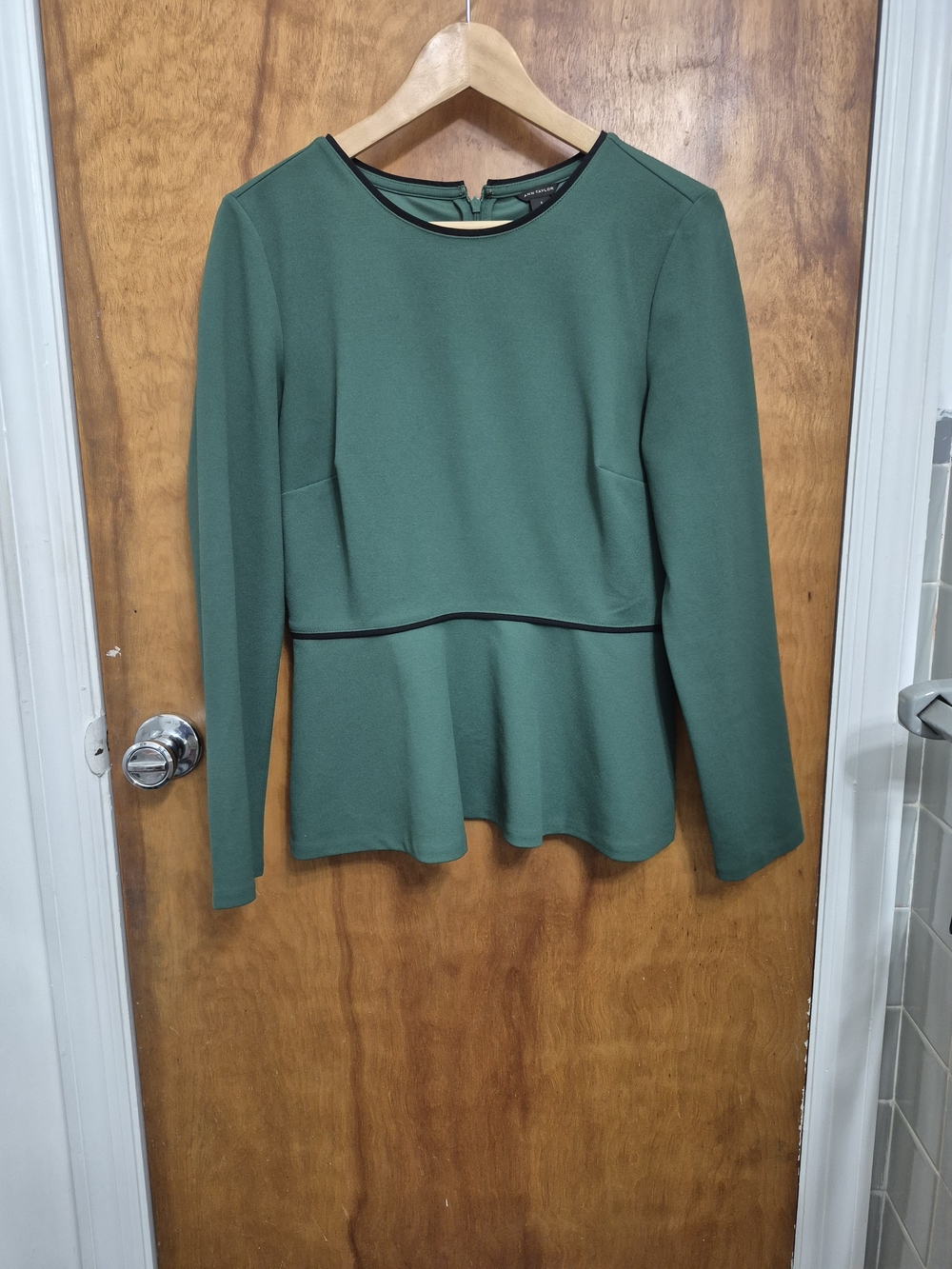 Ann Taylor Dark Green Long-Sleeve Peplum Top with Black Trim